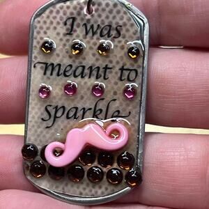 Dog tag resin necklace "I was meant to sparkle" mustache rhinestone